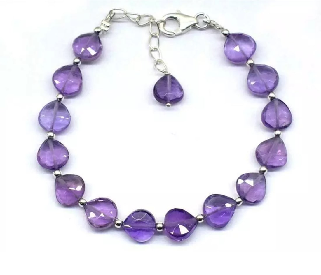 6.5 - 7.5" BRACELET NATURAL AAA AMETHYST BEADS HEART SOLID 925 SILVER: These are natural, earth mined and hand crafted with precision. Stone: Amethyst, Stone Shape: Faceted Heart, Stone Size: 8mm, Width - 3.5 - 4mm, Length: 6.5 - 7.5", Weight: approx. 37 carats. The phot