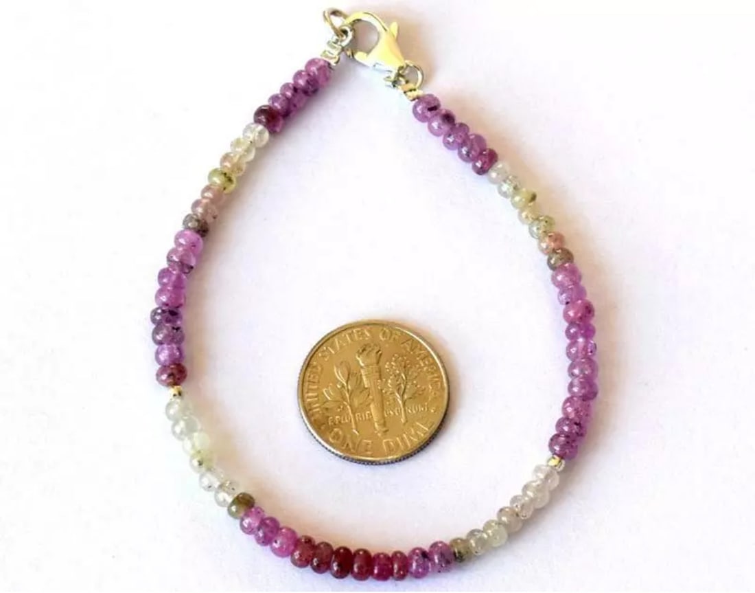 7" BRACELET NATURAL SAPPHIRE BEADS RONDELLE SOLID 925 SILVER: These are natural, earth mined and hand crafted with precision. Stone: Sapphire, Stone Shape: Rondelle, Stone Size: 3 - 3.5mm, Width - 2 - 3mm, Length: 7", Weight: approx. 25 carats. The photographs