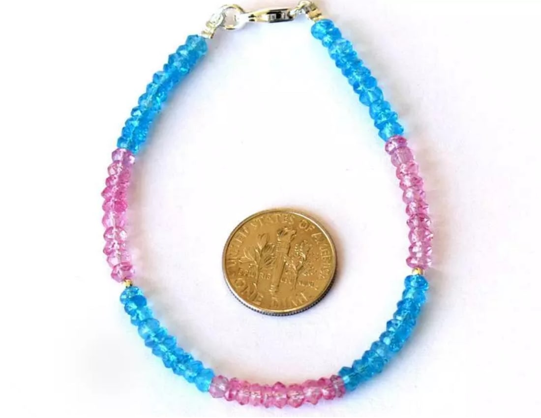 7" BRACELET PINK, BLUE TOPAZ (COATED) BEADS SOLID 925 SILVER: These are natural, earth mined and hand crafted with precision. Stone: Topaz, Stone Shape: Faceted Rondelle, Stone Size: 3.5 - 4mm, Width - 1.5 - 2.5mm, Length: 7", Weight: approx. 26 carats. The phot