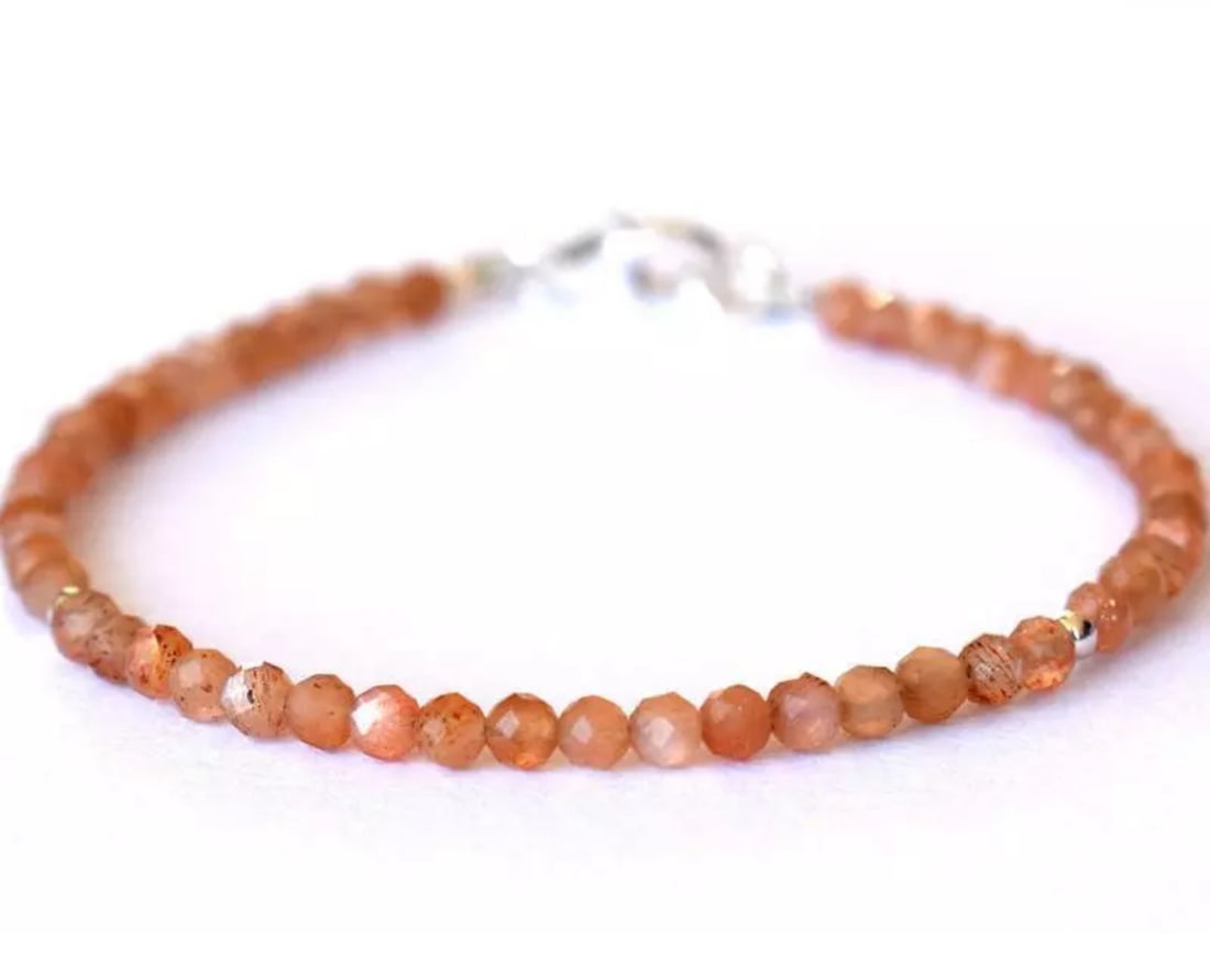 7" BRACELET NATURAL SUNSTONE BEADS ROUND SOLID 925 SILVER: These are natural, earth mined and hand crafted with precision. Stone: Sunstone, Stone Shape: Faceted Round, Stone Size: 3mm, Length: 7", Weight: approx. 14.30 carats. The photographs are generally en