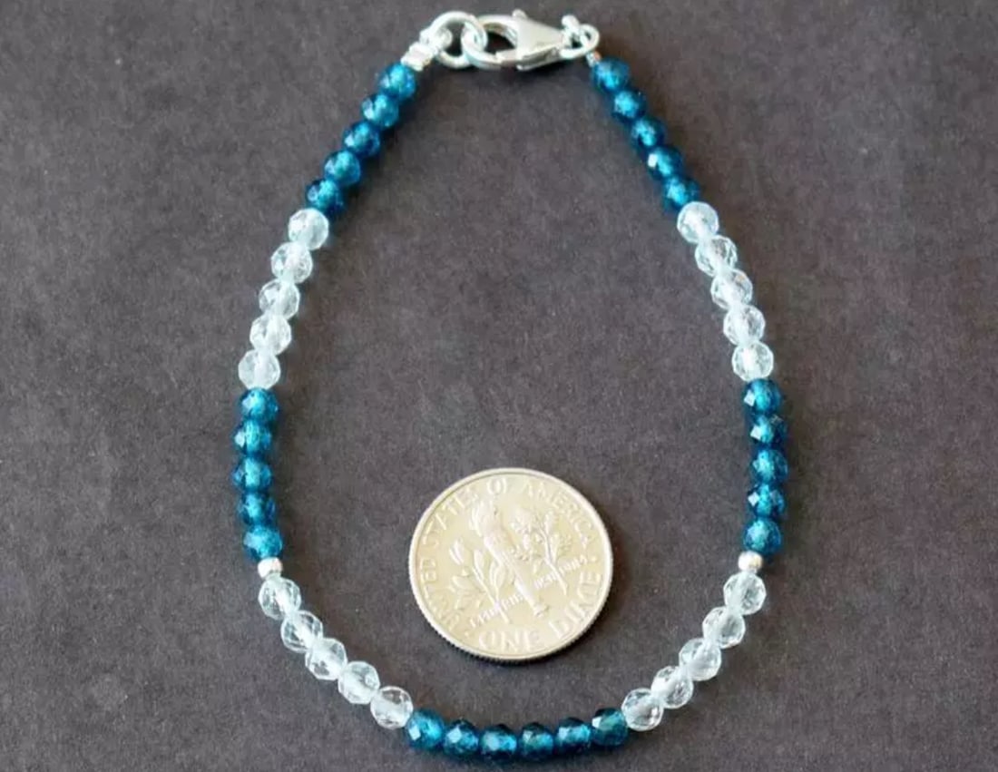 7" BRACELET WHITE AND BLUE TOPAZ (COATED) BEADS ROUND SOLID 925 SILVER: These are natural, earth mined and hand crafted with precision. Stone: Topaz, Stone Shape: Faceted Round, Stone Size: 3.5mm, Length: 7", Weight: approx. 20 carats. The photographs are generally enlarg