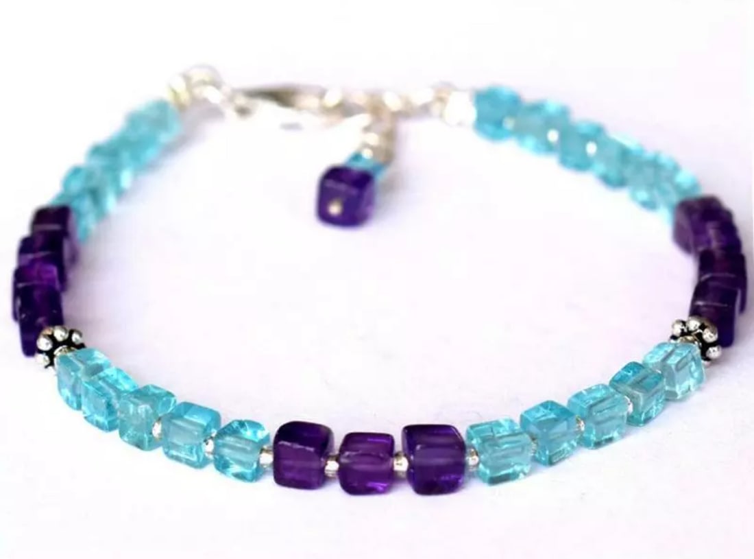 6.5 - 7.5" BRACELET NATURAL APATITE BEADS AMETHYST BEADS SOLID 925 SILVER: These are natural, earth mined and hand crafted with precision. Stone: Amethyst/Apatite, Stone Shape: Box, Stone Size: 6.5 - 7.5", Length: 6.5 - 7.5", Weight: approx. 24.50 carats. The photographs are