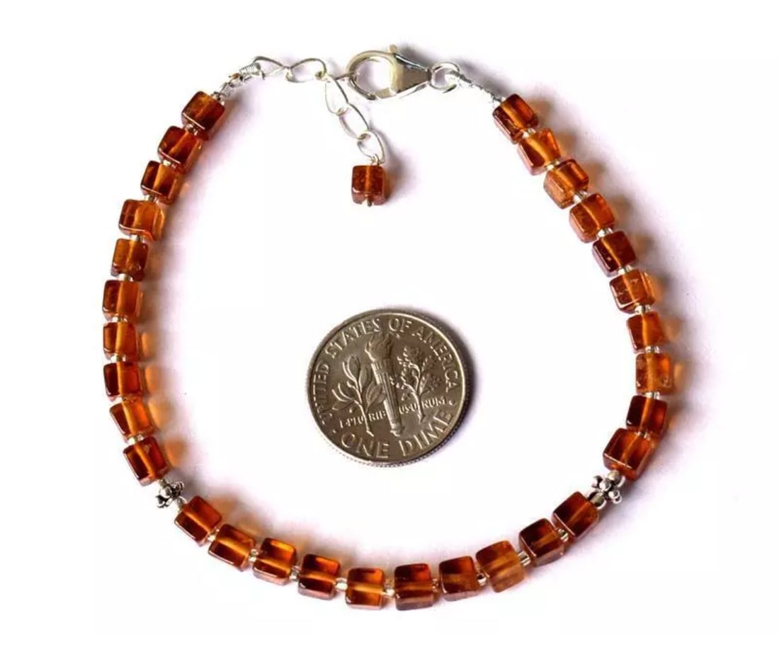 6.5 - 7.5" BRACELET NATURAL HESSONITE GARNET BEADS BOX SOLID 925 SILVER: These are natural, earth mined and hand crafted with precision. Stone: Hessonite Garnet, Stone Shape: Box, Stone Size: 4mm, Length: 6.5 - 7.5", Weight: approx. 35 carats. The photographs are generally