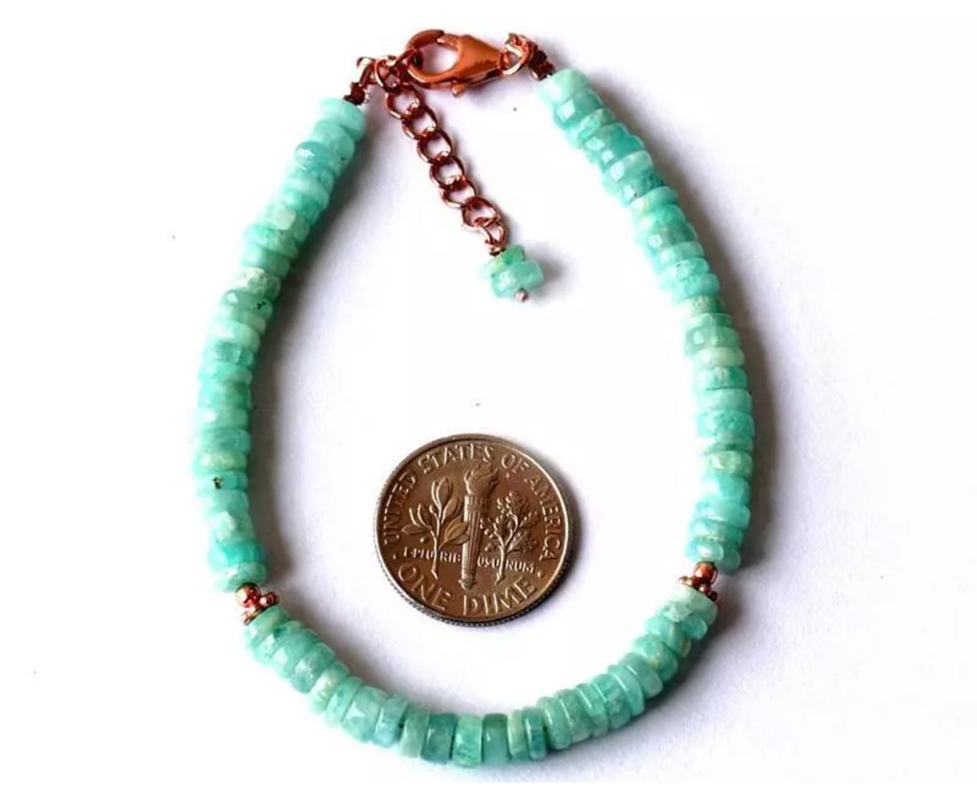 6.5 - 7.5" BRACELET NATURAL AMAZONITE BEADS ROSE GOLD SOLID 925 SILVER: These are natural, earth mined and hand crafted with precision. Stone: Amazonite, Stone Shape: Tyre, Stone Size: 5mm, Width - 1.5 - 2.5mm, Length: 6.5 - 7.5", Weight: approx. 37 carats. The photograph
