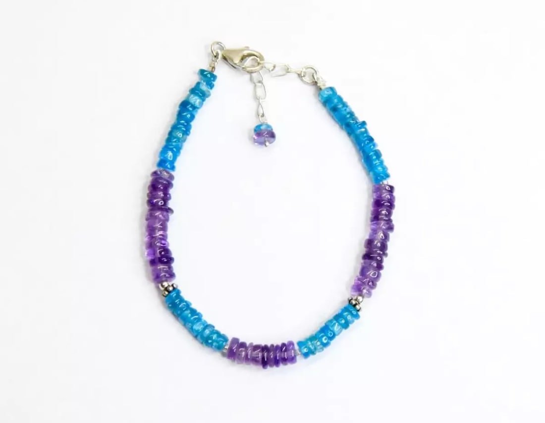6.5 - 7.5" BRACELET NATURAL AMETHYST BEADS APATITE BEADS SOLID 925 SILVER: These are natural, earth mined and hand crafted with precision. Stone: Amethyst/Apatite, Stone Shape: Tyre, Stone Size: 4 - 5 mm Width 1 - 2 mm, Length: 6.5 - 7.5 Inch, Weight: approx. 33 carats. The