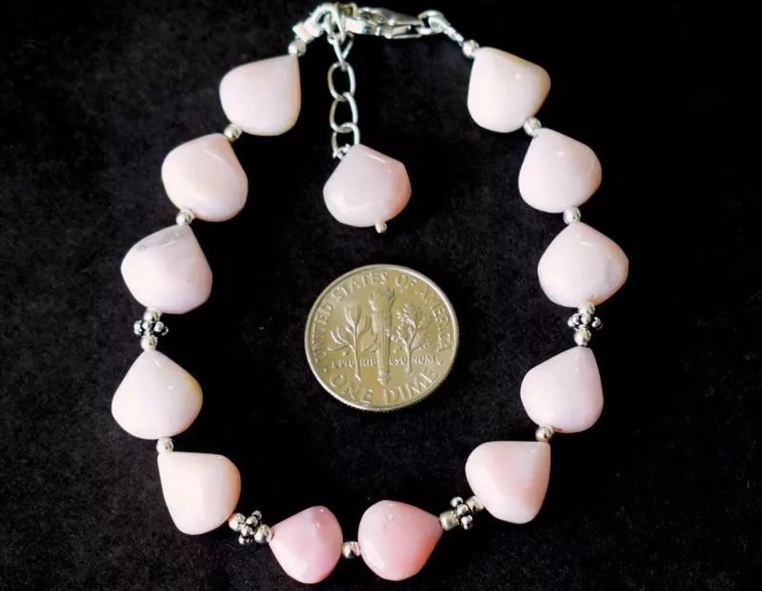 7 - 8" BRACELET NATURAL PINK OPAL BEADS HEART SOLID 925 SILVER: These are natural, earth mined and hand crafted with precision. Stone: Opal, Stone Shape: Heart, Stone Size: 9 - 11mm, Width - 3 - 6mm, Length: 7 - 8", Weight: approx. 48 carats. The photographs are g
