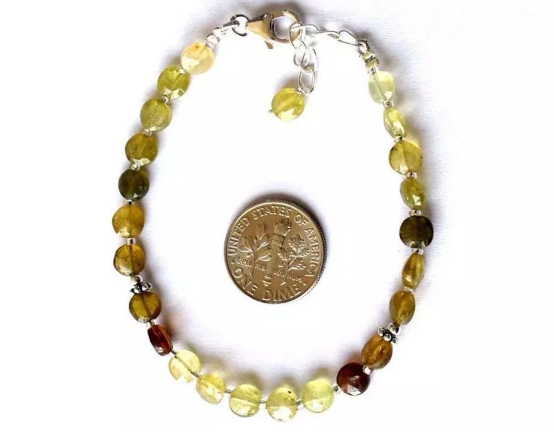 6.5 - 7.5" BRACELET NATURAL GROSSULAR GARNET BEADS COIN SOLID 925 SILVER (1 of 3)