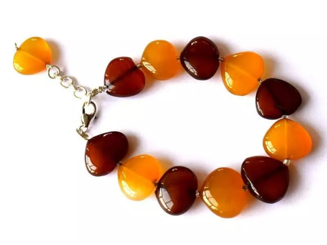7.5 - 8" BRACELET YELLOW AND BROWN CHALCEDONY BEADS SOLID 925 SILVER: These are natural, earth mined and hand crafted with precision. Stone: Chalcedony, Shape: Heart, Size: 14 - 18mm, Width: 6.5 - 7mm, Length: 7.5 - 8", Weight: approx. 180 carats. The photographs are en