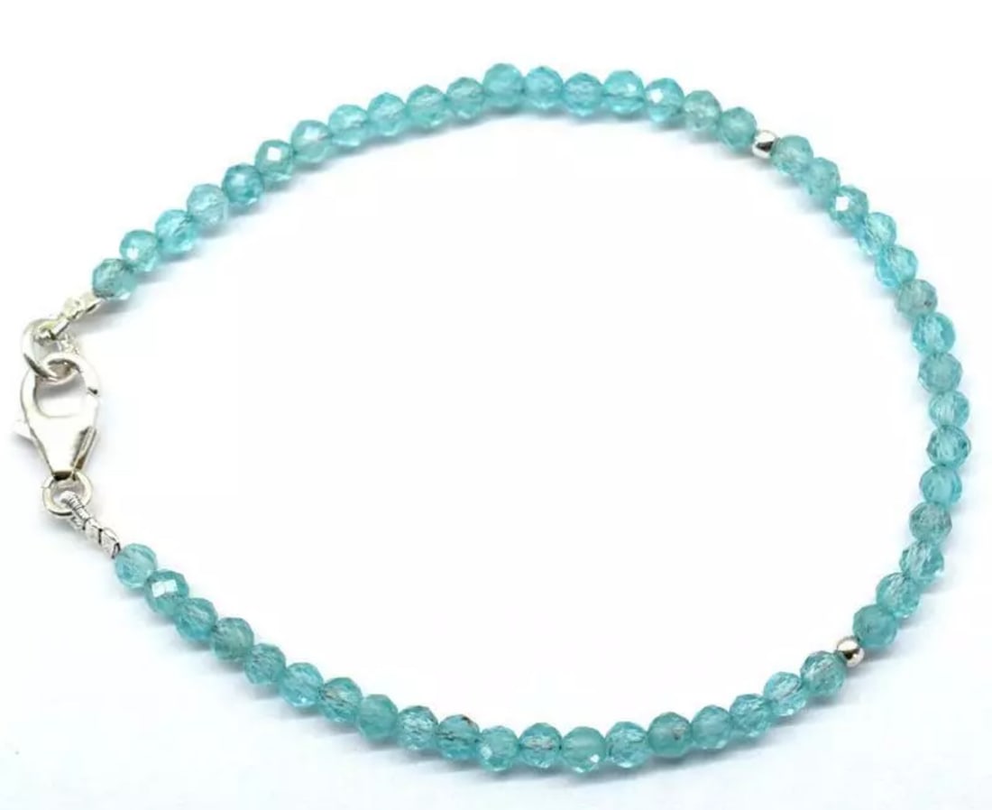 7" SOLID 925 STERLING SILVER BRACELET NATURAL APATITE BEADS ROUND: These are natural, earth mined and hand crafted with precision. Stone: Apatite, Shape: Faceted Round, Size: 3mm, Length: 7", Weight: approx. 15.50 carats. The photographs are enlarged to show the clar