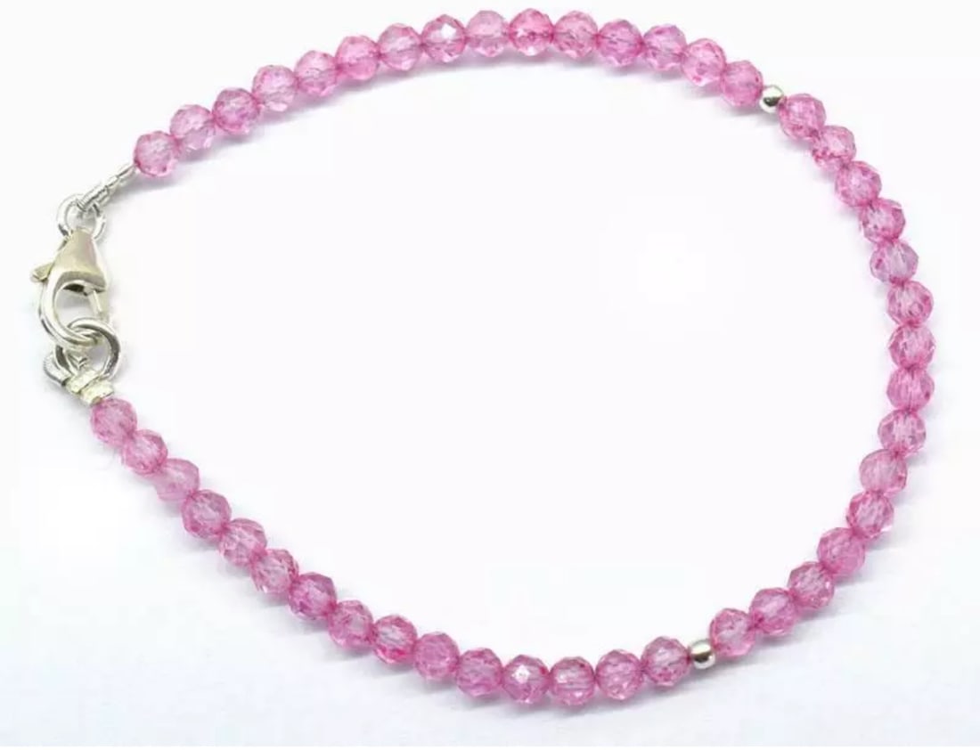 7" SOLID 925 STERLING SILVER BRACELET PINK TOPAZ (COATED) BEADS ROUND: These are natural, earth mined and hand crafted with precision. Stone: Pink Topaz, Shape: Faceted Round, Size: 3.5mm, Length: 7", Weight: approx. 19 carats. The photographs are enlarged to show the cl