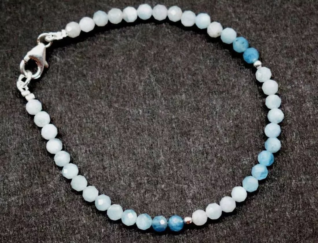 7" SOLID 925 STERLING SILVER BRACELET NATURAL AQUAMARINE BEADS ROUND: These are natural, earth mined and hand crafted with precision. Stone: Aquamarine, Shape: Faceted Round, Size: 4mm, Length: 7", Weight: approx. 20 carats. The photographs are enlarged to show the clar
