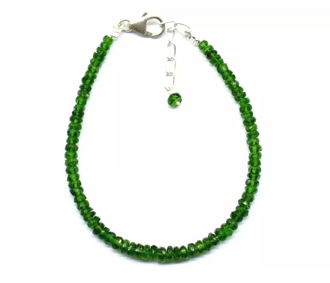 6.5 - 7.5" SOLID 925 SILVER BRACELET NATURAL CHROME DIOPSIDE RONDELLE: These are natural, earth mined and hand crafted with precision. Stone: Chrome Diopside, Shape: Faceted Rondelle, Size: 2.5 - 4 mm, Width - 1.5 - 2 mm, Length: 6.5 - 7.5", Weight: approx. 21.50 carats.