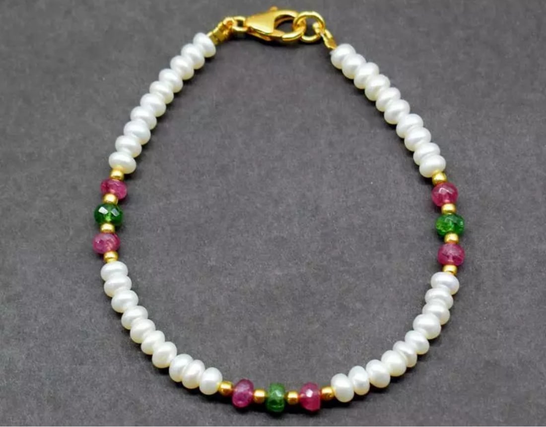 7" VERMEIL - SOLID 925 SILVER BRACELET MULTI GEMSTONE BEADS RONDELLE: These are natural, earth mined and hand crafted with precision. Stone: Mother of Pearl/Tourmaline/Chrome Diopside, Stone Shape: Rondelle, Stone Size: 4 - 4.5 mm, Width - 2 - 3 mm, Length: 7", Weight:
