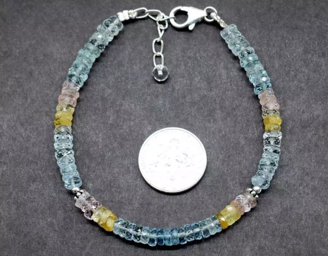 6.5 - 7.5" SOLID 925 SILVER BRACELET NATURAL MULTI AQUAMARINE BEADS (1 of 3)