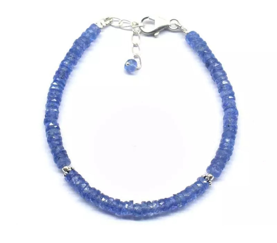 6.5 - 7.5" SOLID 925 SILVER BRACELET NATURAL TANZANITE BEADS TYRE: These are natural, earth mined and hand crafted with precision. Stone: Tanzanite, Stone Shape: Faceted Tyre, Stone Size: 4 mm, Width: 1 - 2 mm, Length: 6.5 - 7.5", Weight: approx. 30 carats. The photo