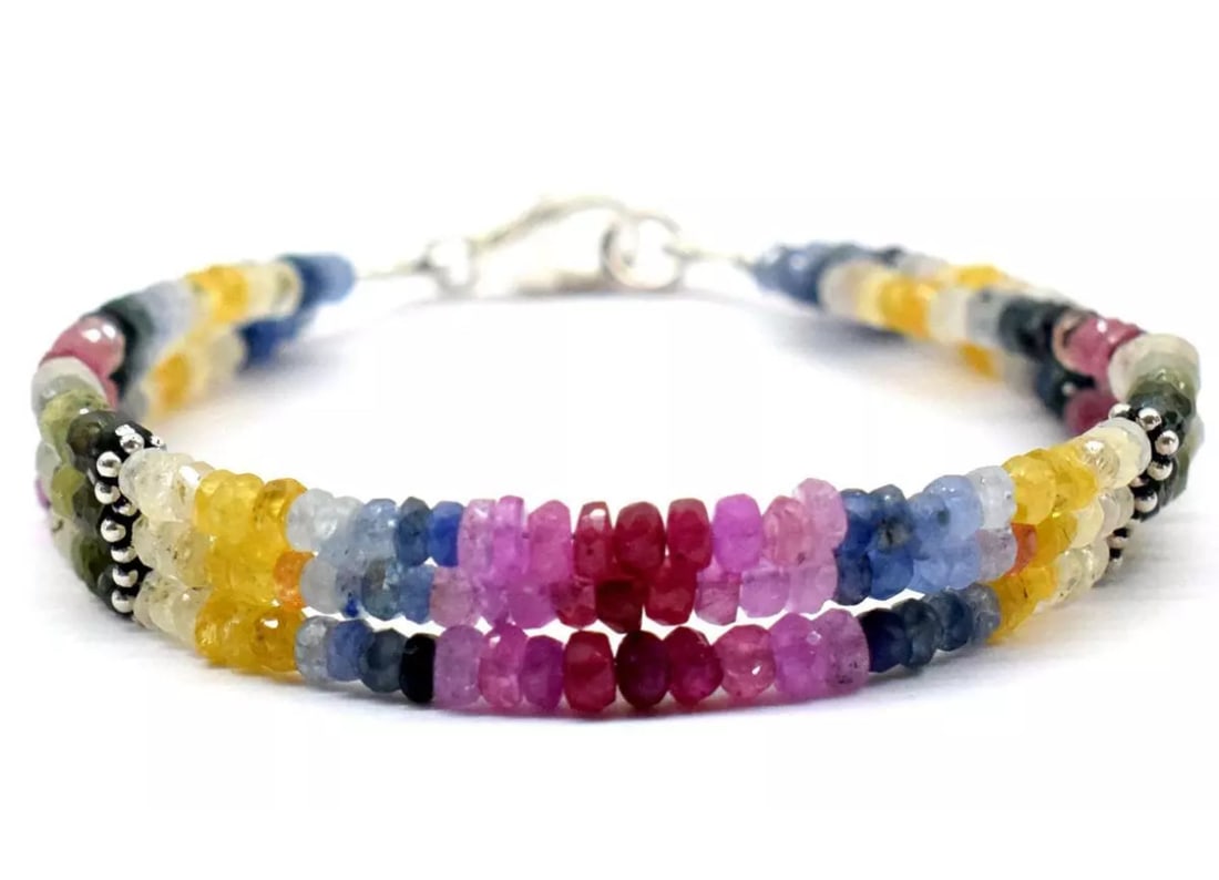 7" SOLID 925 SILVER BRACELET NATURAL MULTI SAPPHIRE BEADS RONDELLE: These are natural, earth mined and hand crafted with precision. Stone: Multi Sapphire, Shape: Faceted Rondelle, Size: 3 - 3.5 mm, Width - 1.5 - 2 mm, Length: 7", Weight: approx. 60 carats. The photogr