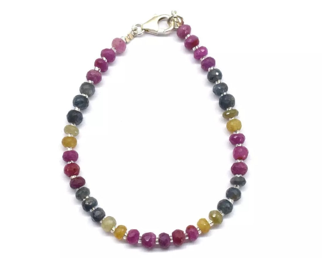 7" SOLID 925 SILVER BRACELET NATURAL MULTI SAPPHIRE BEADS RONDELLE: These are natural, earth mined and hand crafted with precision. Stone: Multi Sapphire, Shape: Faceted Rondelle, Size: 4.5 mm, Width - 2 - 3 mm, Length: 7", Weight: approx. 33 carats. The photographs a