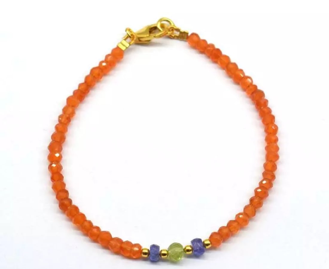 7" VERMEIL SOLID 925 SILVER BRACELET NATURAL MULTI GEMSTONE BEADS: These are natural, earth mined and hand crafted with precision. Stone: Carnelian/Peridot/Tanzanite, Shape: Faceted Rondelle, Size: 3.5 - 4.5 mm, Width - 2 - 3 mm, Length: 7", Weight: approx. 18 carats