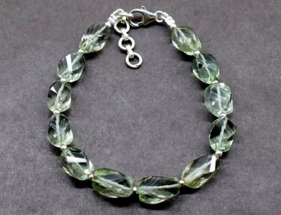 6.5 - 7.5" SOLID 925 SILVER BRACELET NATURAL GREEN AMETHYST BEADS FANCY: These are natural, earth mined and hand crafted with precision. Stone: Green Amethyst, Stone Shape: Faceted Fancy, Stone Size: 7x9.5 - 7x12 mm, Length: 6.5 - 7.5", Weight: approx. 66 carats. The photo