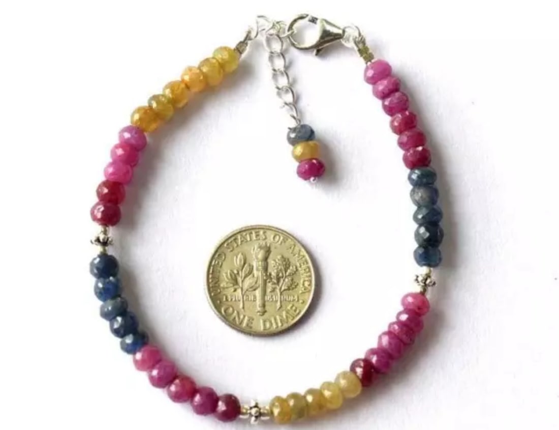 6.5 - 7.5" SOLID 925 SILVER BRACELET NATURAL MULTI SAPPHIRE BEADS: These are natural, earth mined and hand crafted with precision. Stone: Multi Sapphire, Stone Shape: Faceted Rondelle, Stone Size: 4.5 mm, Width - 2.5 - 3 mm, Length: 6.5 - 7.5", Weight: approx. 43 car