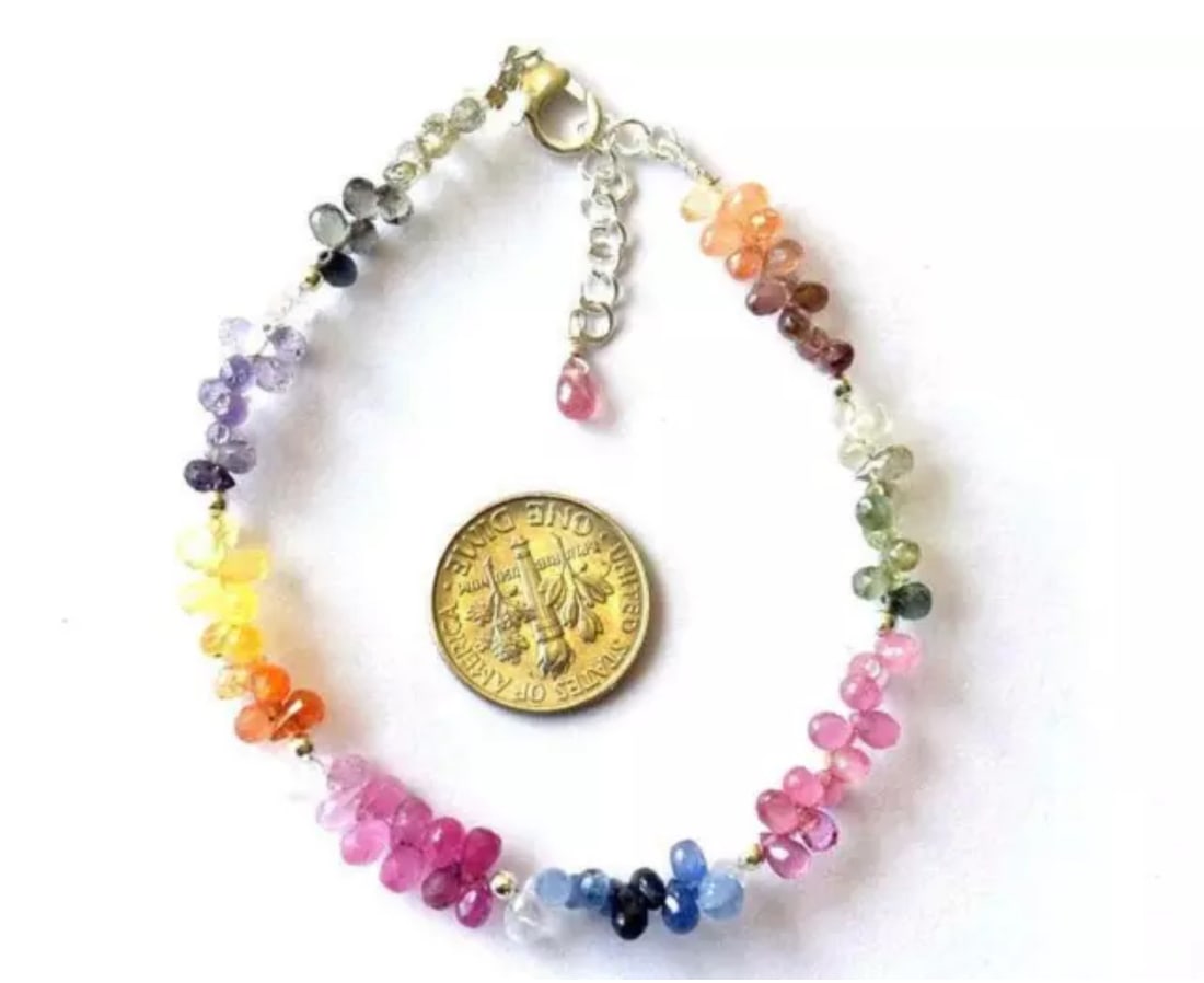 7 - 8" SOLID 925 SILVER BRACELET NATURAL MULTI SAPPHIRE BEADS BRIOLETTE: These are natural, earth mined and hand crafted with precision. Stone: Multi Sapphire, Stone Shape: Faceted Briolette, Stone Size: 2.5x3.5 - 3x5 mm, Length: 7 - 8", Weight: approx. 36 carats. The phot