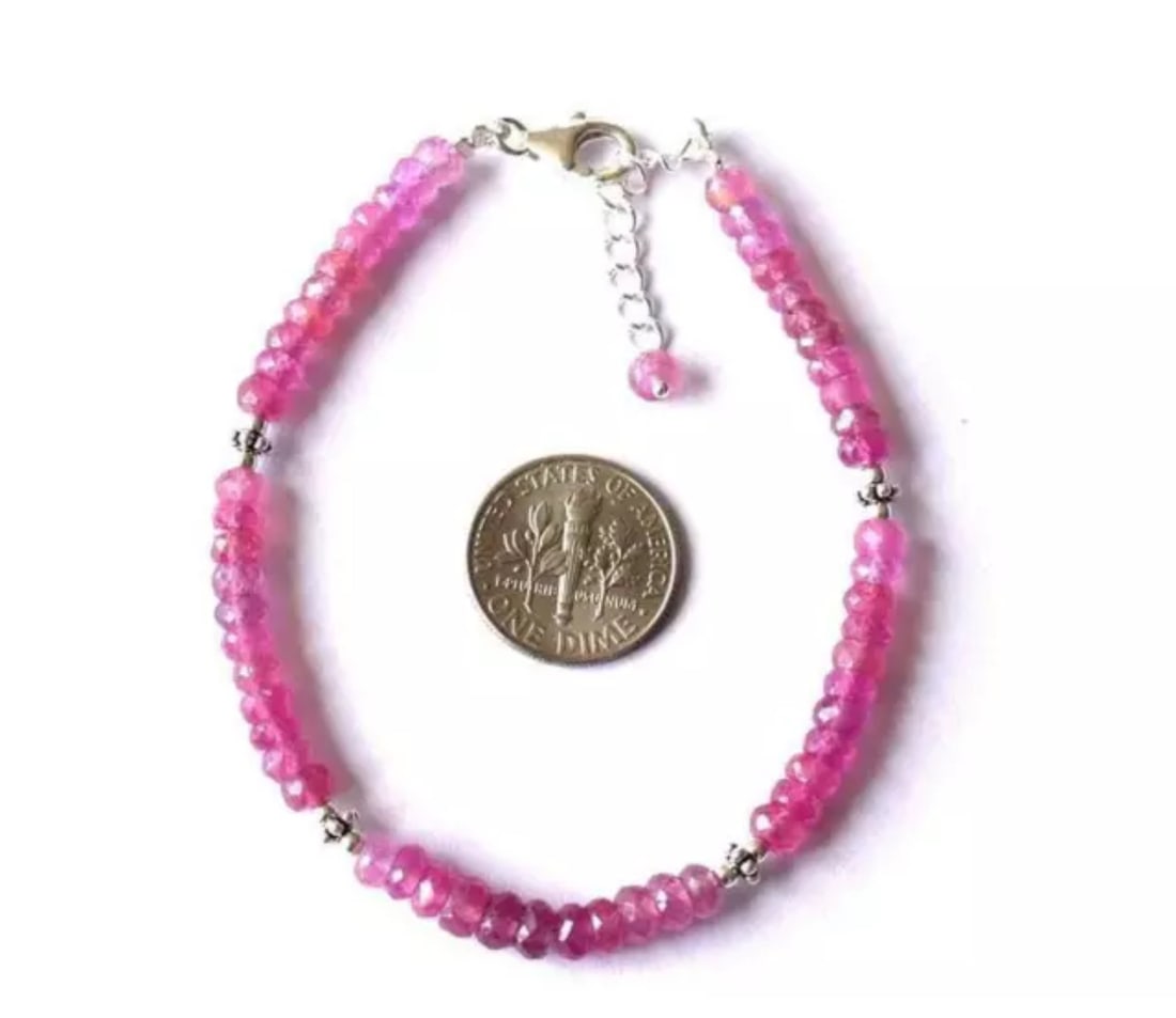 7 - 8" SOLID 925 SILVER BRACELET NATURAL PINK SAPPHIRE BEADS RONDELLE: These are natural, earth mined and hand crafted with precision. Stone: Pink Sapphire, Stone Shape: Faceted Rondelle, Stone Size: 4 - 4.5 mm, Width: 2 - 3 mm, Length: 7 - 8", Weight: approx. 44 carats.