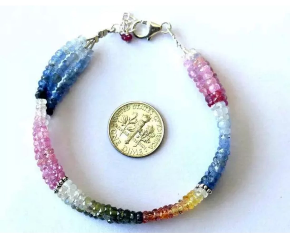7 - 8" SOLID 925 SILVER BRACELET NATURAL MULTI SAPPHIRE BEADS RONDELLE: These are natural, earth mined and hand crafted with precision. Stone: Multi Sapphire, Stone Shape: Faceted Rondelle, Stone Size: 3 - 3.5 mm, Width: 1 - 2 mm, Length: 7 - 8", Weight: approx. 65 carats