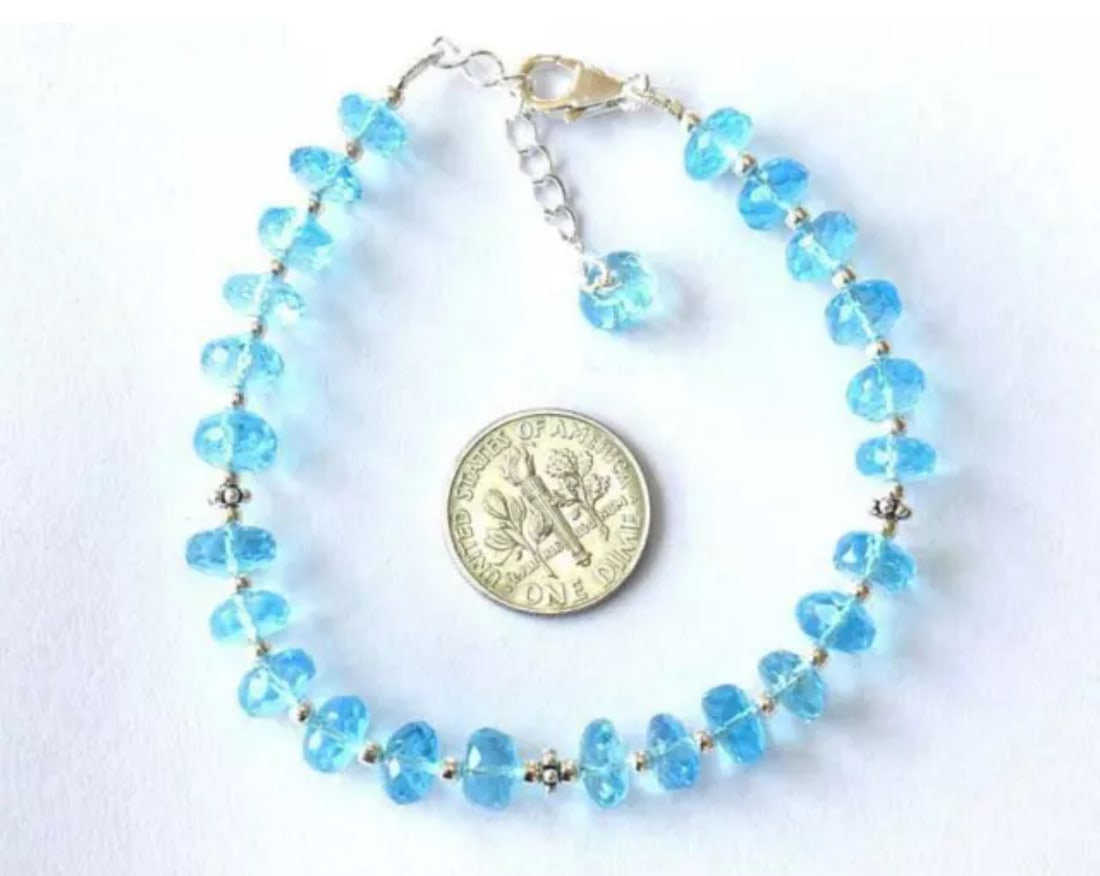 7 - 8" SOLID 925 SILVER BRACELET NATURAL SWISS BLUE TOPAZ BEADS RONDELLE: These are natural, earth mined and hand crafted with precision. Stone: Swiss Blue Topaz, Stone Shape: Faceted Rondelle, Stone Size: 6.5 - 7 mm, Width: 3.5 - 4.5 mm, Length: 7 - 8", Weight: approx. 60