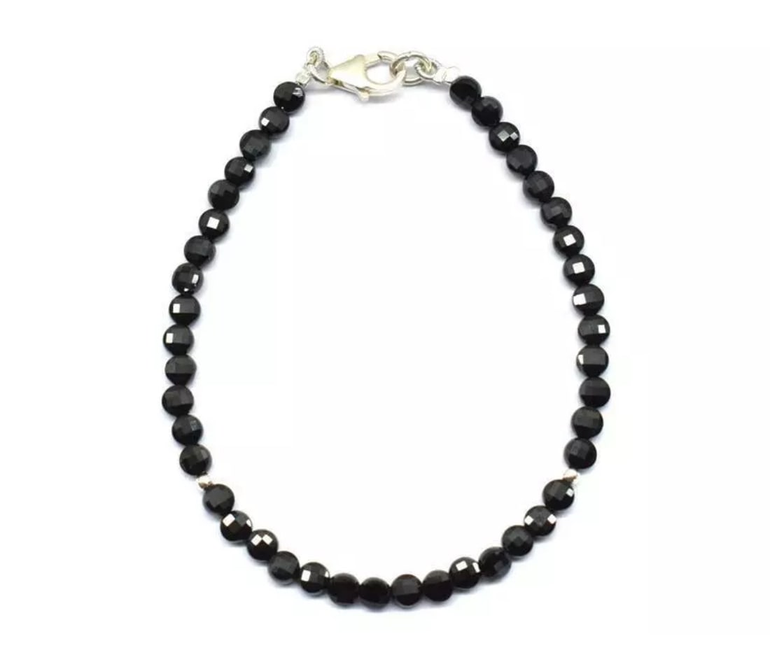 7" SOLID 925 SILVER BRACELET NATURAL BLACK SPINEL BEADS FACETED COIN: These are natural, earth mined and hand crafted with precision. Stone: Black Spinel, Stone Shape: Faceted Coin, Stone Size: 4 mm, Width: 2 - 2.5 mm, Length: 7", Weight: approx. 20 carats. The photogra