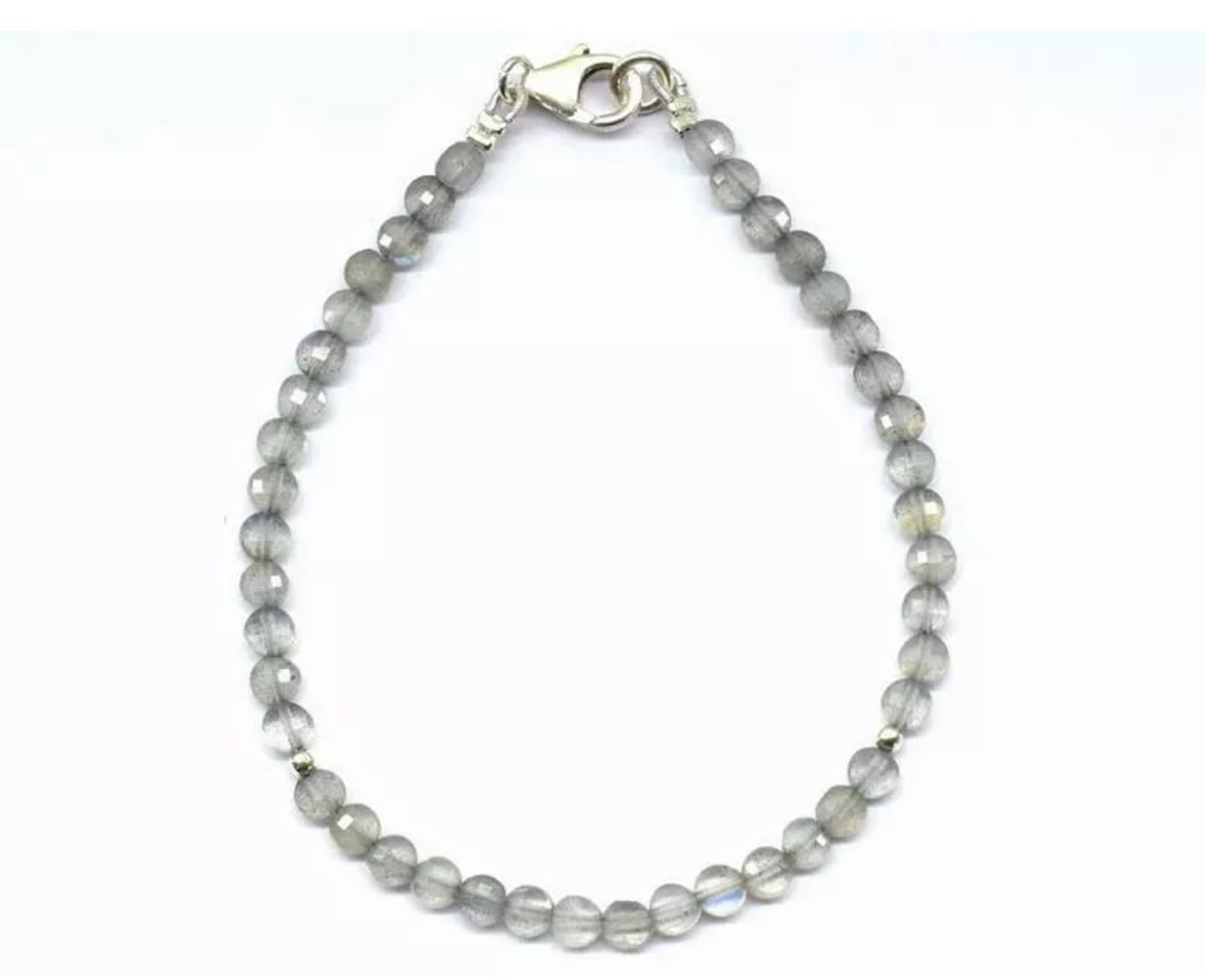 7" SOLID 925 SILVER BRACELET NATURAL LABRADORITE BEADS FACETED COIN: These are natural, earth mined and hand crafted with precision. Stone: Labradorite, Stone Shape: Faceted Coin, Stone Size: 4 mm, Width: 2 - 2.5 m, Length: 7", Weight: approx. 16 carats. The photograph