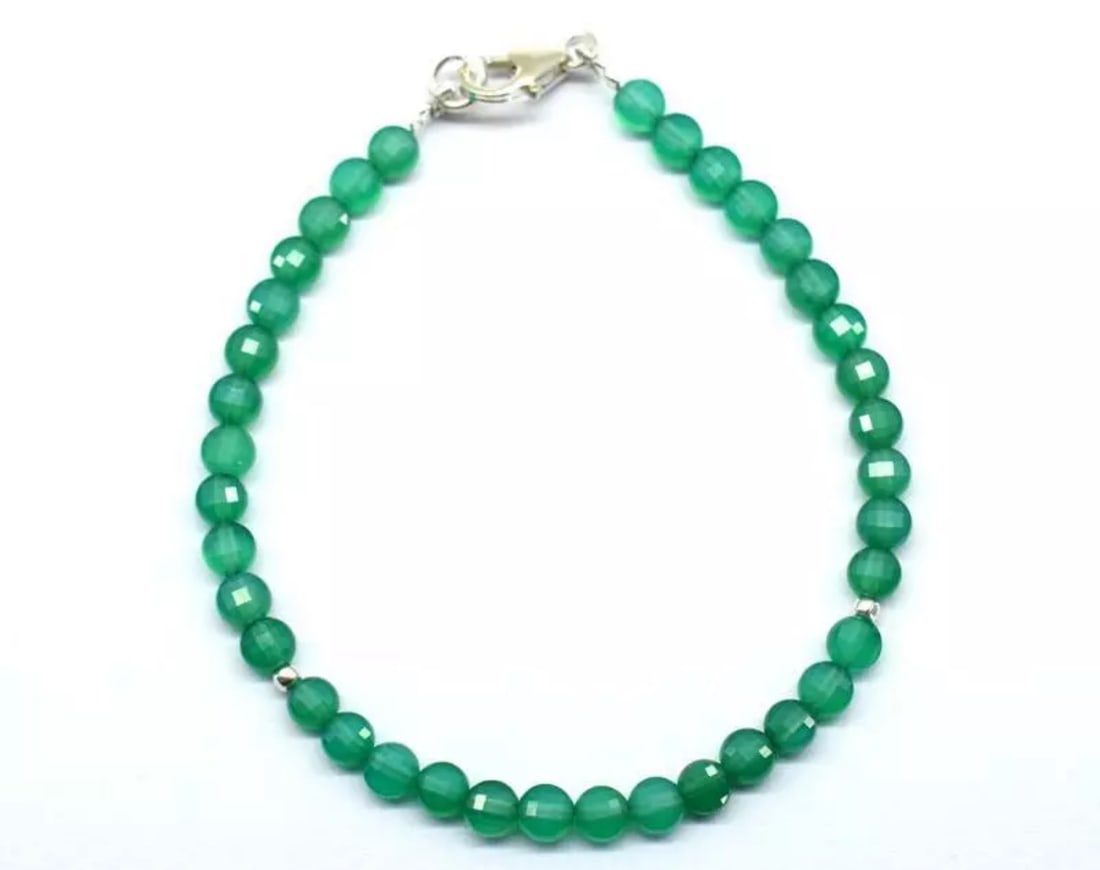7" SOLID 925 SILVER BRACELET NATURAL GREEN ONYX BEADS FACETED COIN: These are natural, earth mined and hand crafted with precision. Stone: Green Onyx, Stone Shape: Faceted Coin, Stone Size: 4 - 4.5 mm, Width: 2.5 - 3 mm, Length: 7", Weight: approx. 19 carats. The phot