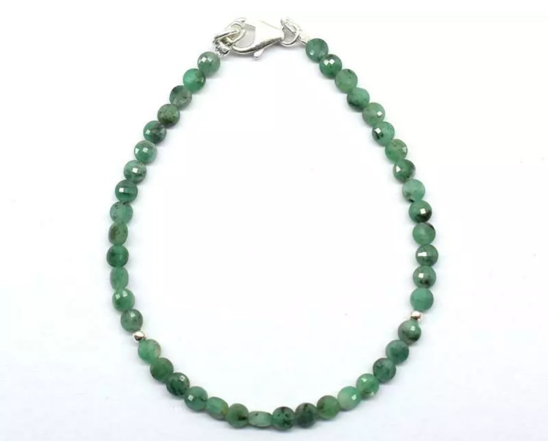 7" SOLID 925 SILVER BRACELET NATURAL EMERALD BEADS FACETED COIN: These are natural, earth mined and hand crafted with precision. Stone: Emerald, Stone Shape: Faceted Coin, Stone Size: 3.5 mm, Width: 2 - 2.5 mm, Length: 7", Weight: approx. 13.50 carats. The photogra