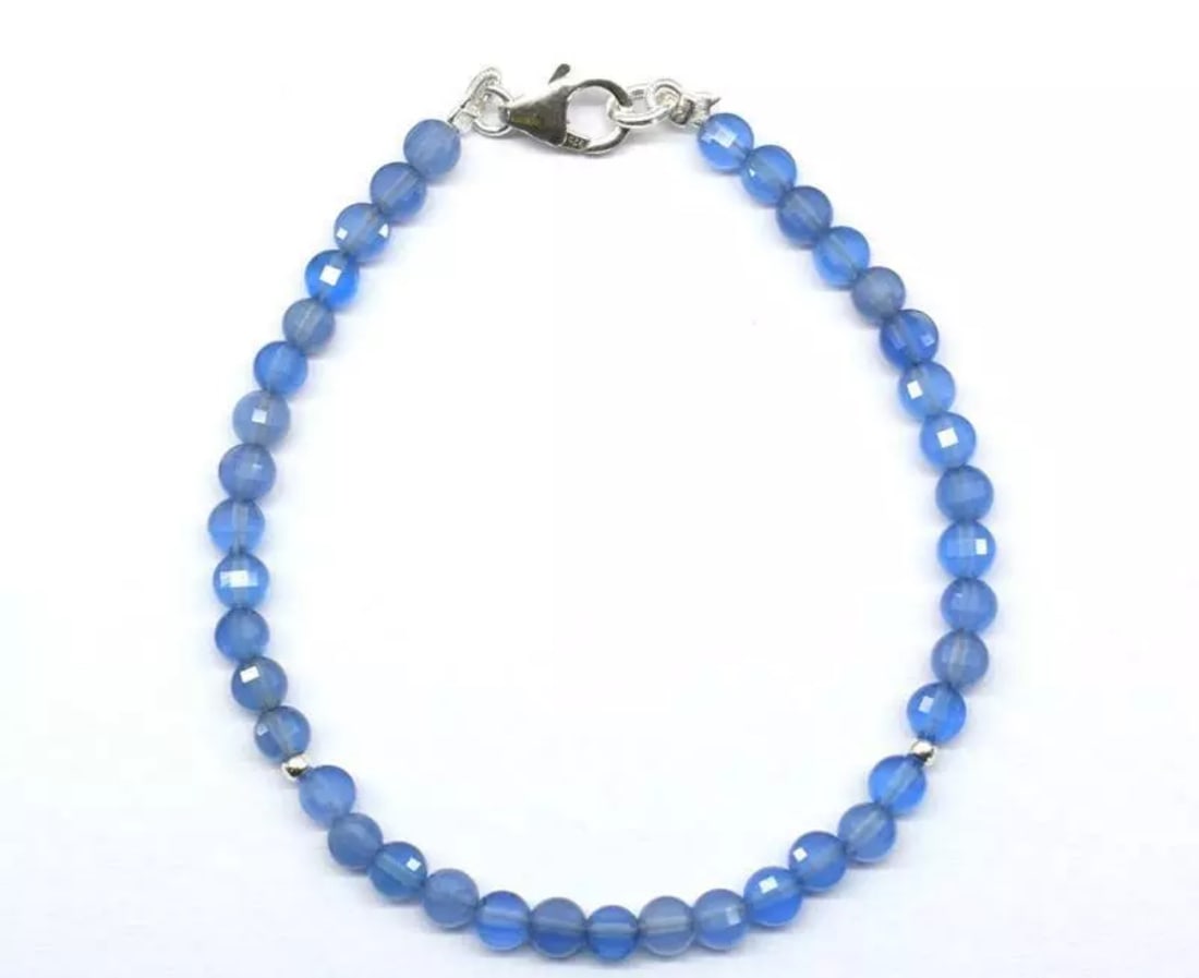 7" SOLID 925 SILVER BRACELET BLUE CHALCEDONY BEADS FACETED COIN: These are natural, earth mined and hand crafted with precision. Stone: Blue Chalcedony, Stone Shape: Faceted Coin, Stone Size: 4 mm, Width - 2.5 - 3 mm, Length: 7", Weight: approx. 19 carats. The phot