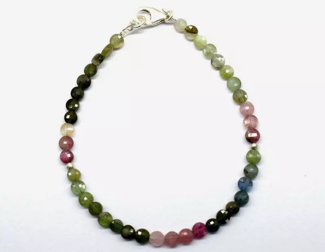 7" SOLID 925 SILVER BRACELET NATURAL MULTI TOURMALINE BEADS FACETED COIN: These are natural, earth mined and hand crafted with precision. Stone: Multi Tourmaline, Stone Shape: Faceted Coin, Stone Size: 4 mm, Width - 2 - 2.5 mm, Length: 7", Weight: approx. 17 carats. The pho
