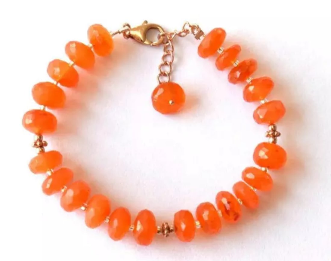 6.5 - 7.5" ROSE GOLD SOLID 925 SILVER BRACELET NATURAL CARNELIAN BEADS: These are natural, earth mined and hand crafted with precision. Stone: Carnelian, Stone Shape: Faceted Rondelle, Stone Size: 8 - 8.5 mm, Width: 4 - 6 mm, Length: 6.5 - 7.5", Weight: approx. 72 carats.