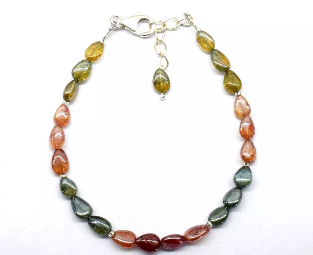 6.5 - 7.5" SOLID 925 SILVER BRACELET MULTI TOURMALINE BEADS: These are natural, earth mined and hand crafted with precision. Stone: Tourmaline, Stone Shape: Pear, Stone Size: 4x5.5 - 5x7 mm, Width: 2 - 3 mm, Length: 6.5 - 7.5", Weight: approx. 21 carats. The ph