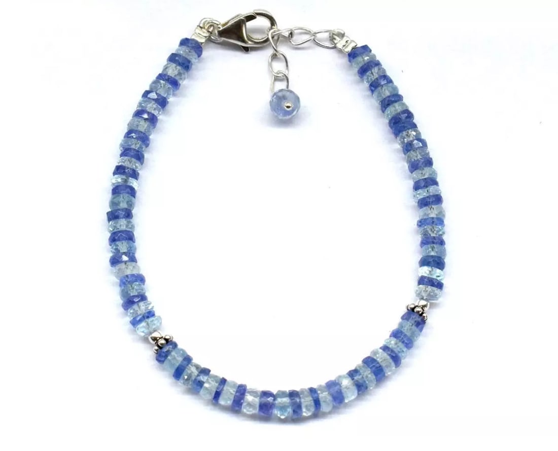 6.5 - 7.5" SOLID 925 SILVER BRACELET NATURAL TANZANITE, AQUAMARINE BEADS: These are natural, earth mined and hand crafted with precision. Stone: Tanzanite/Aquamarine, Stone Shape: Faceted Tyre, Stone Size: 4 mm, Width: 1 - 1.5 mm, Length: 6.5 - 7.5", Weight: approx. 29 cara