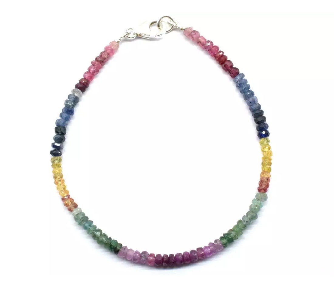 7.5" SOLID 925 SILVER BRACELET NATURAL EMERALD RUBY SAPPHIRE RONDELLE: These are natural, earth mined and hand crafted with precision. Stone: Emerald/Ruby/Sapphire, Stone Shape: Faceted Rondelle, Stone Size: 3 - 3.5 mm, Width: 1.5 - 2.5 mm, Length: 7.5", Weight: approx.