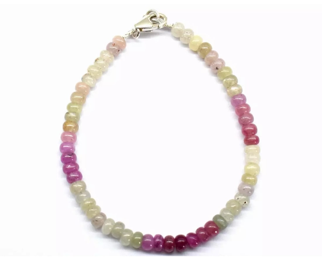 7" SOLID 925 SILVER BRACELET NATURAL MULTI SAPPHIRE BEADS RONDELLE: These are natural, earth mined and hand crafted with precision. Stone: Sapphire, Stone Shape: Rondelle, Stone Size: 4 - 4.5 mm, Width: 2.5 - 3 mm, Length: 7", Weight: approx. 42 carats. The photograph