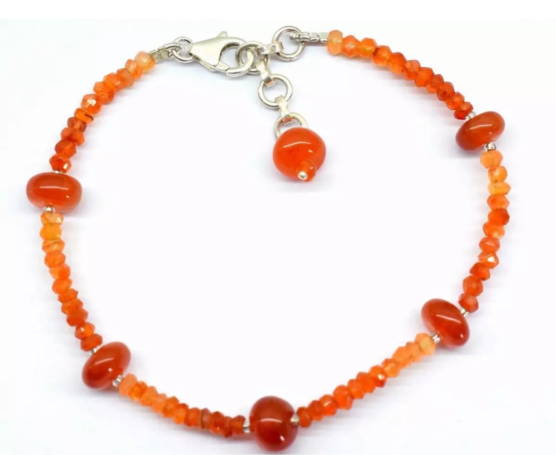 7.5 - 8" SOLID 925 SILVER BRACELET NATURAL CARNELIAN BEADS RONDELLE: These are natural, earth mined and hand crafted with precision. Stone: Carnelian, Stone Shape: Rondelle, Stone Size: 3 - 8 mm, Width: 1.5 - 6 mm, Length: 7.5 - 8", Weight: approx. 30 carats. The photo