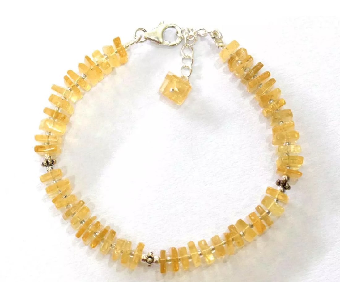 7 - 8" SOLID 925 SILVER BRACELET NATURAL CITRINE BEADS FLAT SQUARE: These are natural, earth mined and hand crafted with precision. Stone: Citrine, Stone Shape: Flat Square, Stone Size: 5 - 6 mm, Width: 1 - 2 mm, Length: 7 - 8", Weight: approx. 49 carats. The photogra