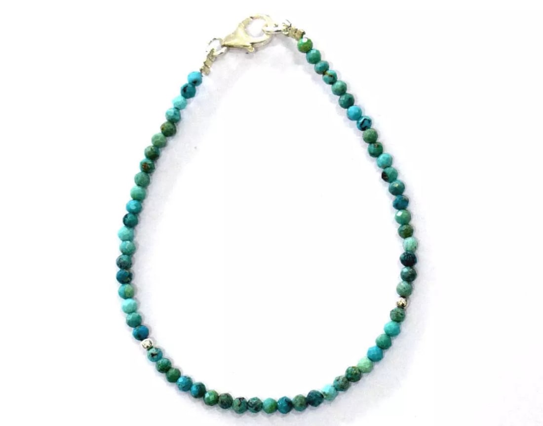 7" SOLID 925 SILVER BRACELET NATURAL CHRYSOCOLLA BEADS FACETED ROUND: These are natural, earth mined and hand crafted with precision. Stone: Chrysocolla, Stone Shape: Faceted Round, Stone Size: 2.5mm, Length: 7", Weight: approx. 10.50 carats. The photographs are enlarge