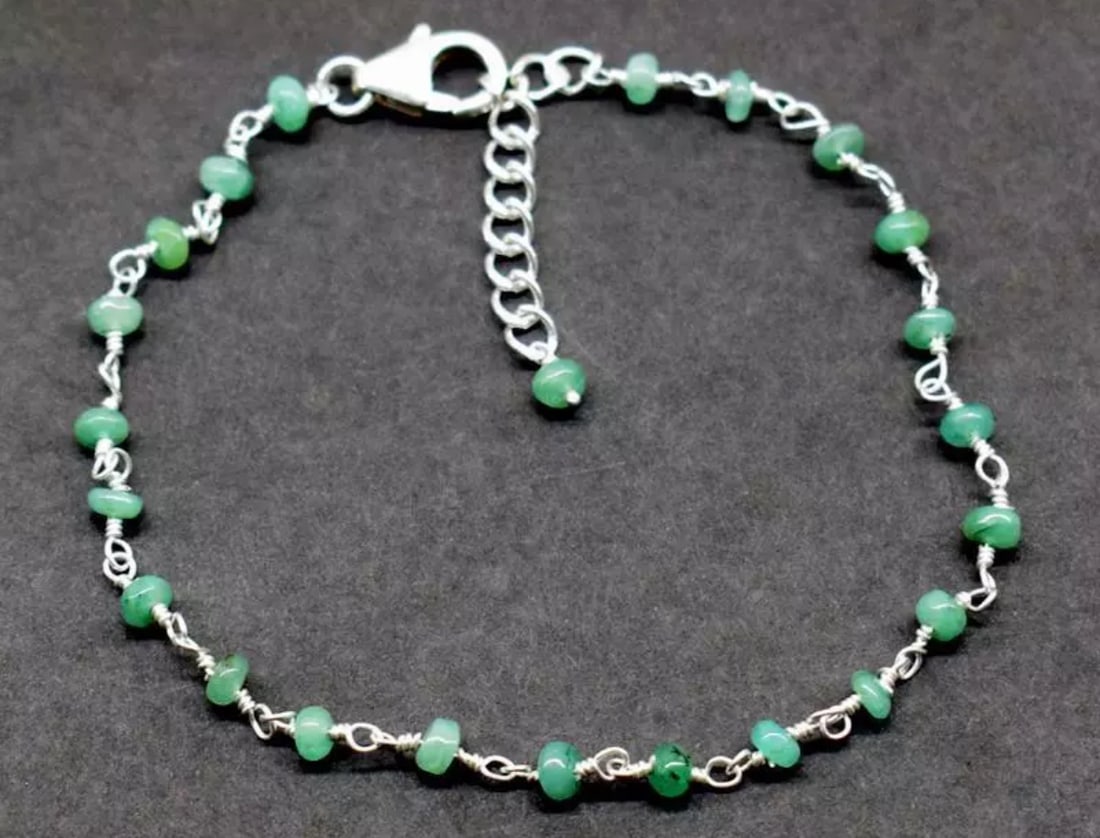 7 - 8" SOLID 925 SILVER BRACELET NATURAL EMERALD BEADS RONDELLE: These are natural, earth mined and hand crafted with precision. Stone: Emerald, Stone Shape: Rondelle, Stone Size: 3 - 3.5 mm, Width: 1.5 - 2 mm, Length: 7 - 8", Weight: approx. 12 carats. The photogr