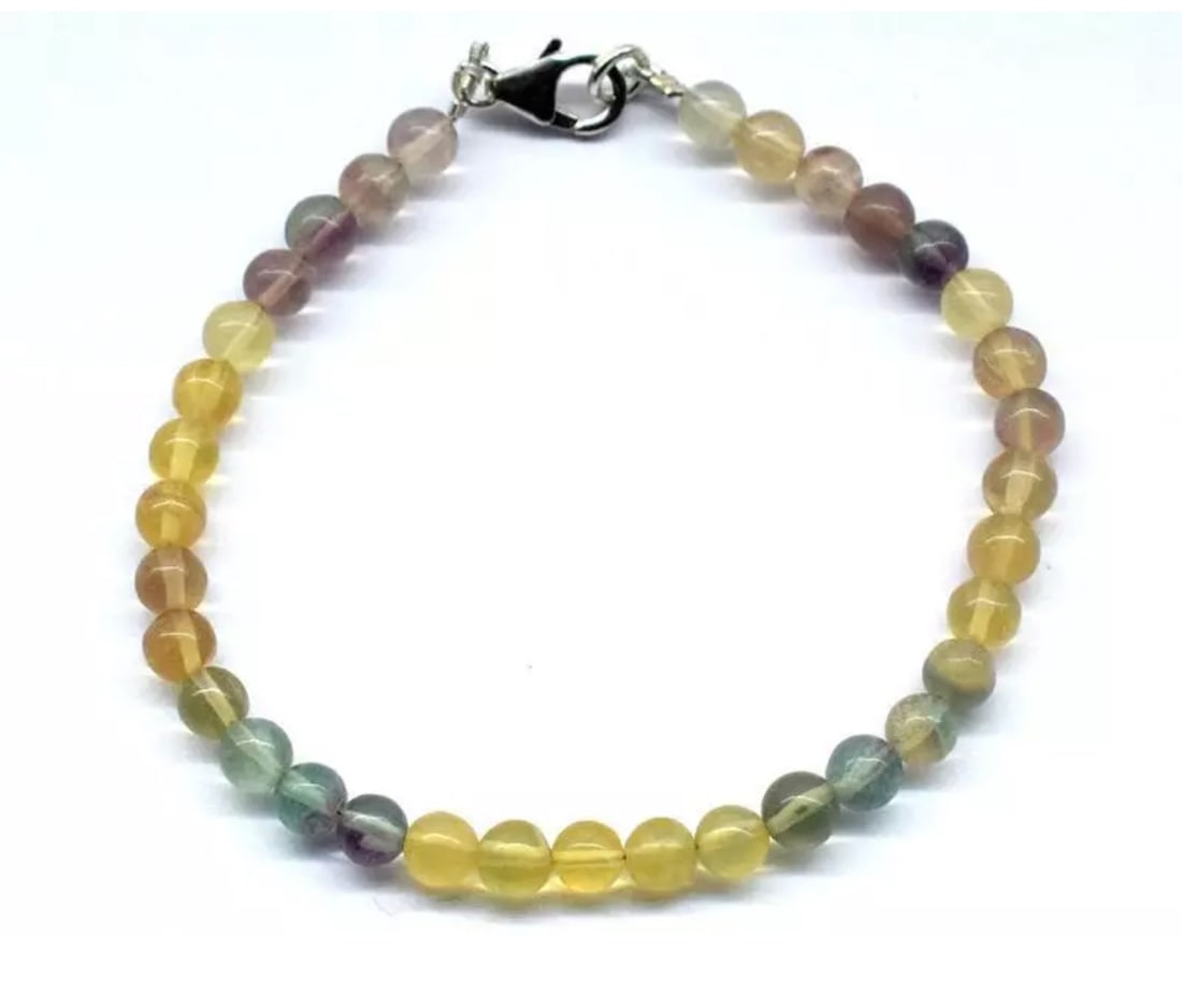 7" SOLID 925 SILVER BRACELET NATURAL MULTI FLUORITE BEADS ROUND: These are natural, earth mined and hand crafted with precision. Stone: Fluorite, Stone Shape: Round, Stone Size: 4.5 - 5 mm, Length: 7", Weight: approx. 36.25 carats. The photographs are enlarged to s