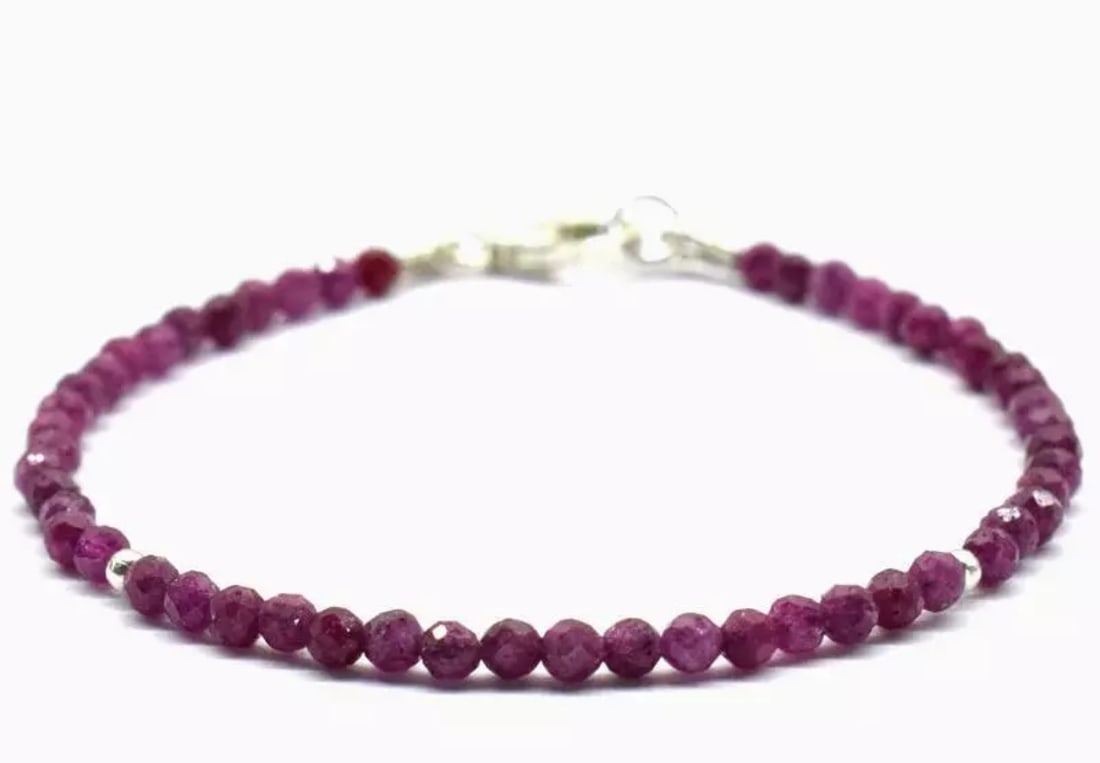 7" SOLID 925 SILVER BRACELET NATURAL RUBY BEADS ROUND - 2