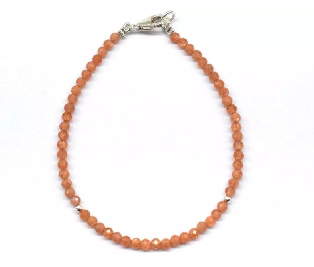 7" SOLID 925 SILVER BRACELET NATURAL SUNSTONE BEADS ROUND: These are natural, earth mined and hand crafted with precision. Stone: Sunstone, Stone Shape: Faceted Round, Stone Size: 3 mm, Length: 7", Weight: approx. 12 carats. The photographs are enlarged to sh