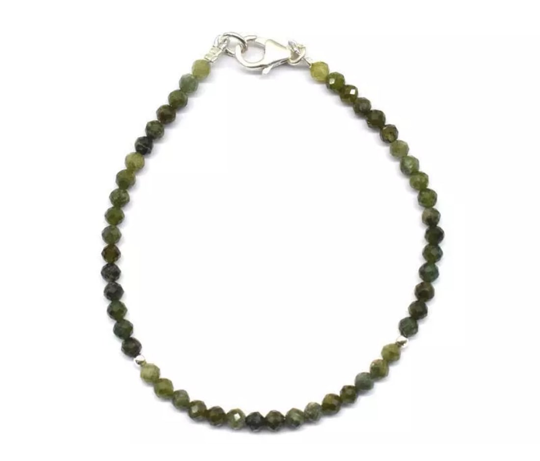 7" SOLID 925 SILVER BRACELET NATURAL GREEN TOURMALINE BEADS ROUND: These are natural, earth mined and hand crafted with precision. Stone: Tourmaline, Stone Shape: Faceted Round, Stone Size: 3 mm, Length: 7", Weight: approx. 16 carats. The photographs are enlarged to