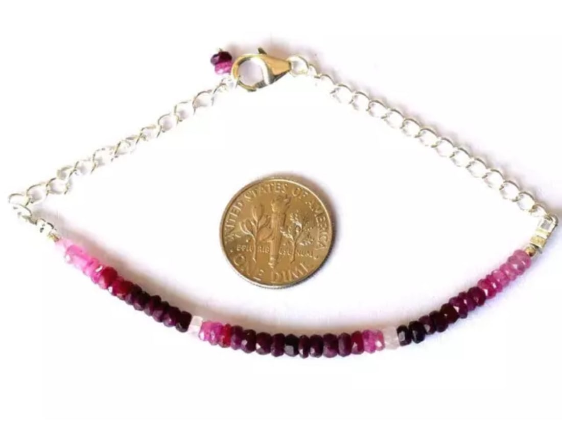 7.5" SOLID 925 SILVER BRACELET NATURAL RUBY BEADS FACETED RONDELLE: These are natural, earth mined and hand crafted with precision. Stone: Ruby, Stone Shape: Faceted Rondelle, Stone Size: 3 - 3.5 mm, Width: 1 - 2 mm, Length: 7.5", Weight: approx. 20 carats. The photog