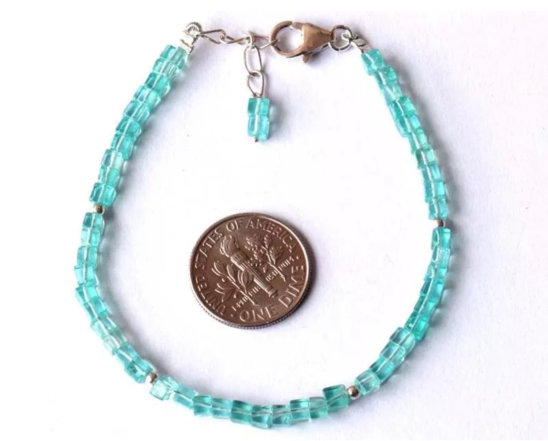 6.5 - 7.5" SOLID 925 SILVER BRACELET NATURAL APATITE BEADS BOX: These are natural, earth mined and hand crafted with precision. Stone: Apatite, Stone Shape: Box, Stone Size: 2.5 - 3 mm, Length: 6.5 - 7.5", Weight: approx. 22 carats. The photographs are enlarged to