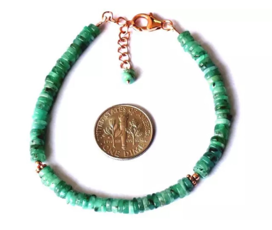 6.5 - 7.5" ROSE GOLD SOLID 925 SILVER BRACELET NATURAL EMERALD BEADS TYRE: These are natural, earth mined and hand crafted with precision. Stone: Emerald, Stone Shape: Tyre, Stone Size: 4 - 4.5 mm, Width: 1 - 2 mm, Length: 6.5 - 7.5", Weight: approx. 33 carats. The photograp